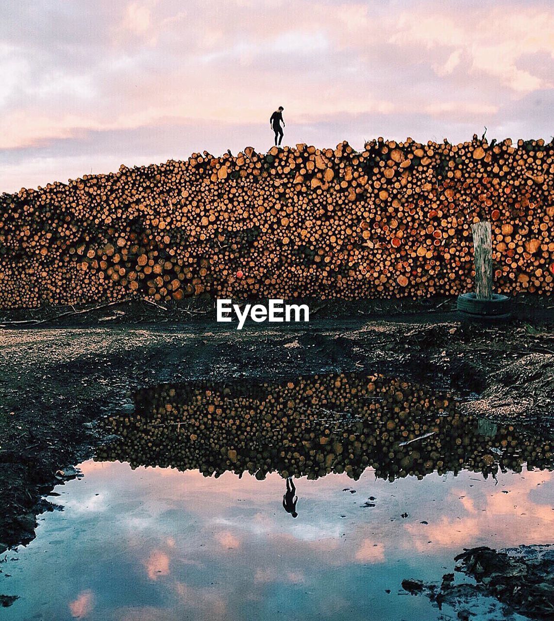 Reflection of man in puddle