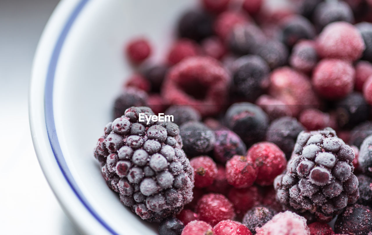 Close-up of berry fruits in bowl on table