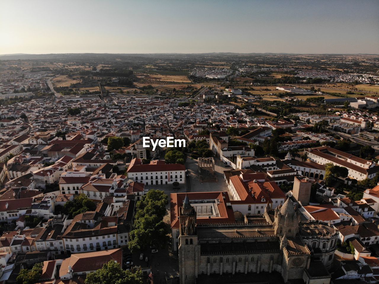 High angle shot of townscape against sky in Évora