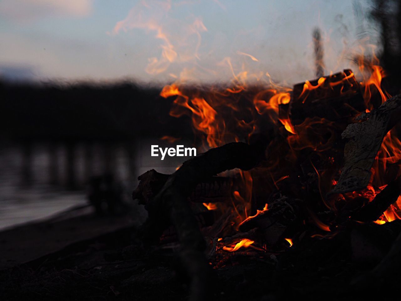 Close-up of burning bonfire during sunset