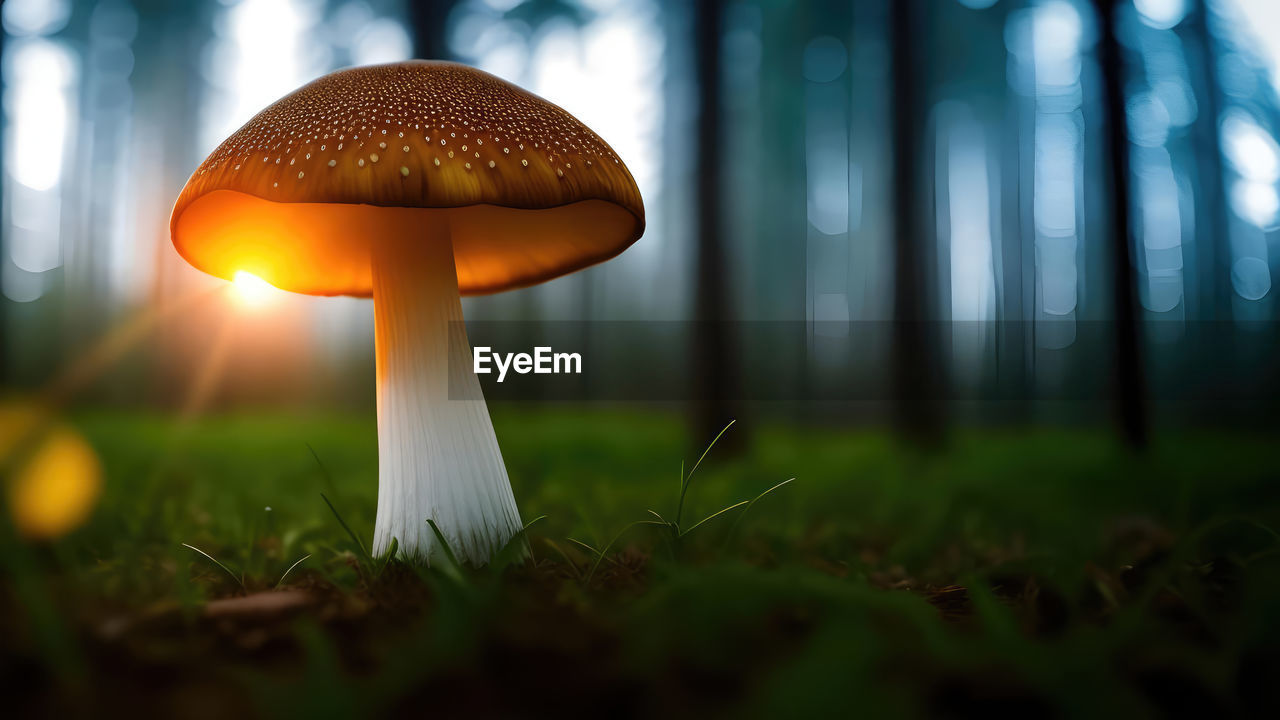 plant, mushroom, fungus, sunlight, land, light, nature, forest, tree, growth, vegetable, grass, yellow, beauty in nature, no people, food, macro photography, green, selective focus, outdoors, autumn, close-up, woodland, field, environment, surface level, tranquility, sky