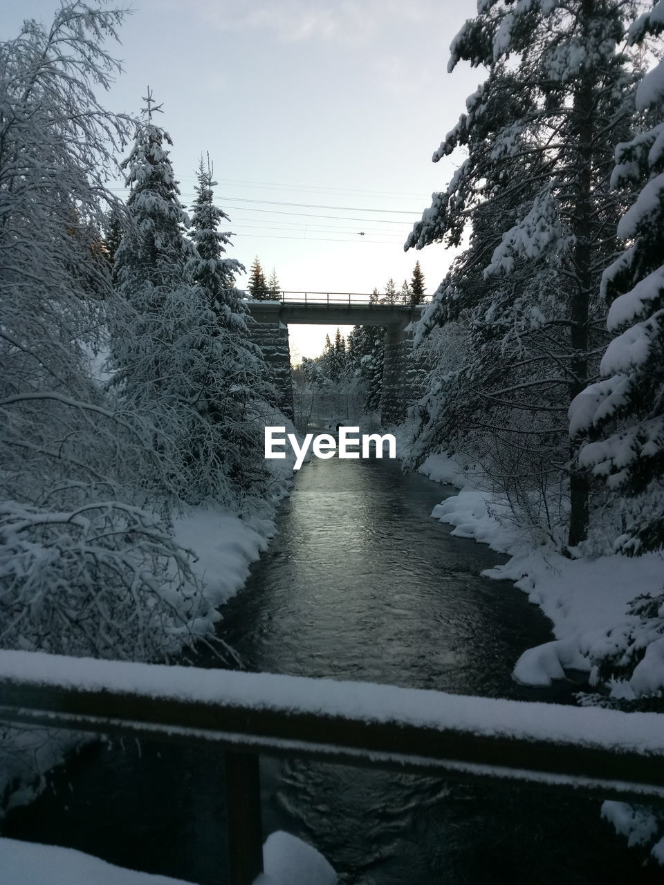 RIVER AMIDST SNOW COVERED TREES AGAINST SKY
