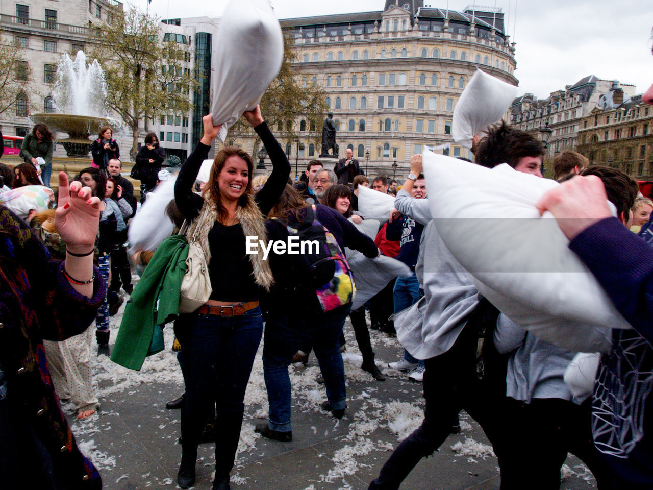 Pillow fight on street