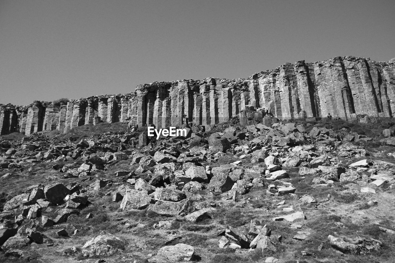 Low angle view of rocks against clear sky