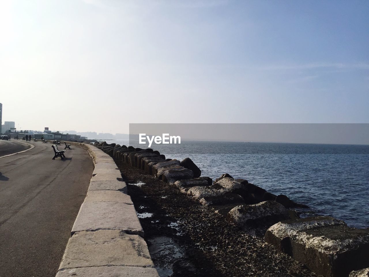 PANORAMIC SHOT OF SEA AGAINST CLEAR SKY