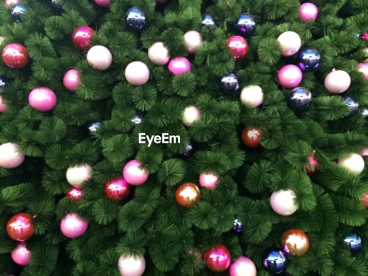 Full frame shot of ornaments on christmas tree