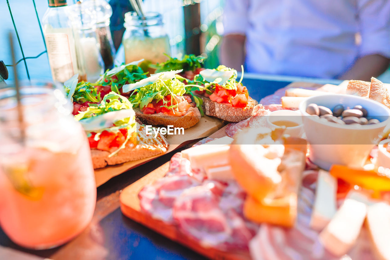 high angle view of food served on table