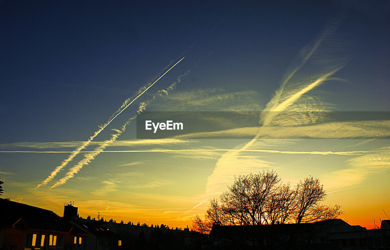 Low angle view of silhouette trees and buildings against sky during sunset