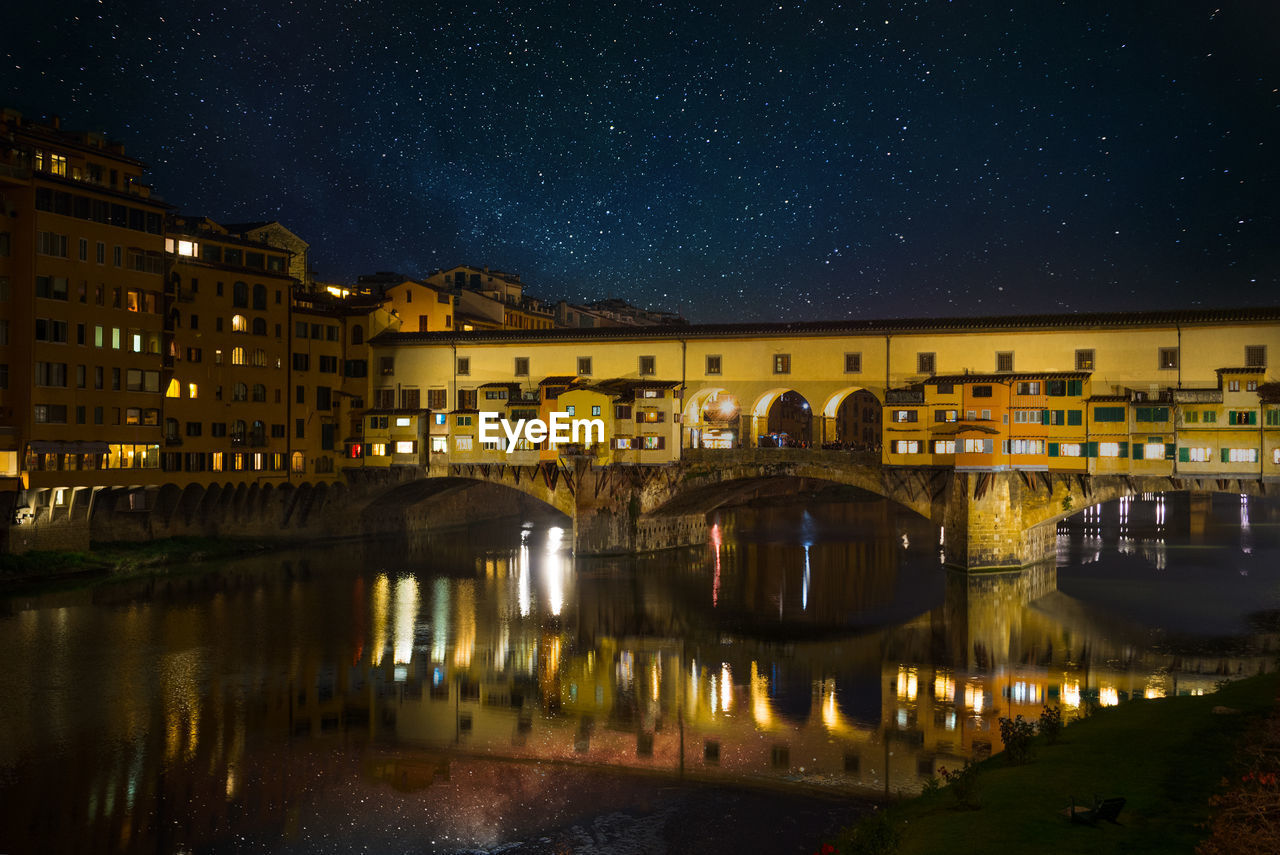 ILLUMINATED ARCH BRIDGE OVER RIVER BY BUILDINGS AGAINST SKY AT NIGHT