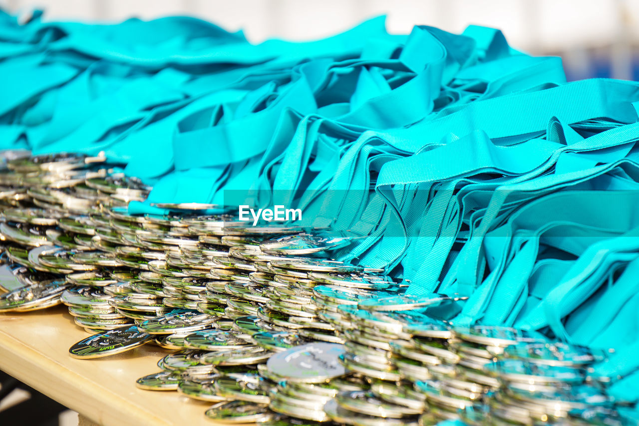 Close-up of medals on table