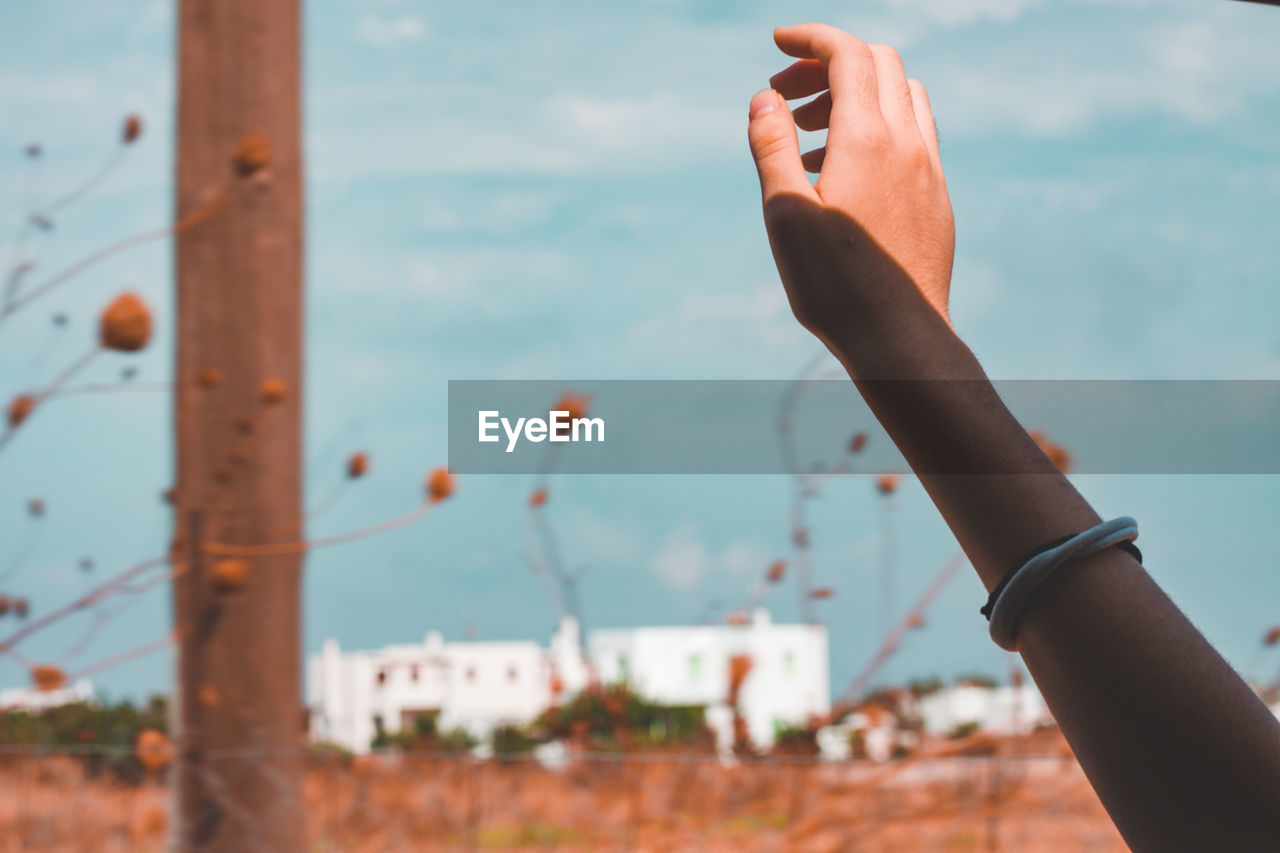 Cropped hand of woman reaching sky