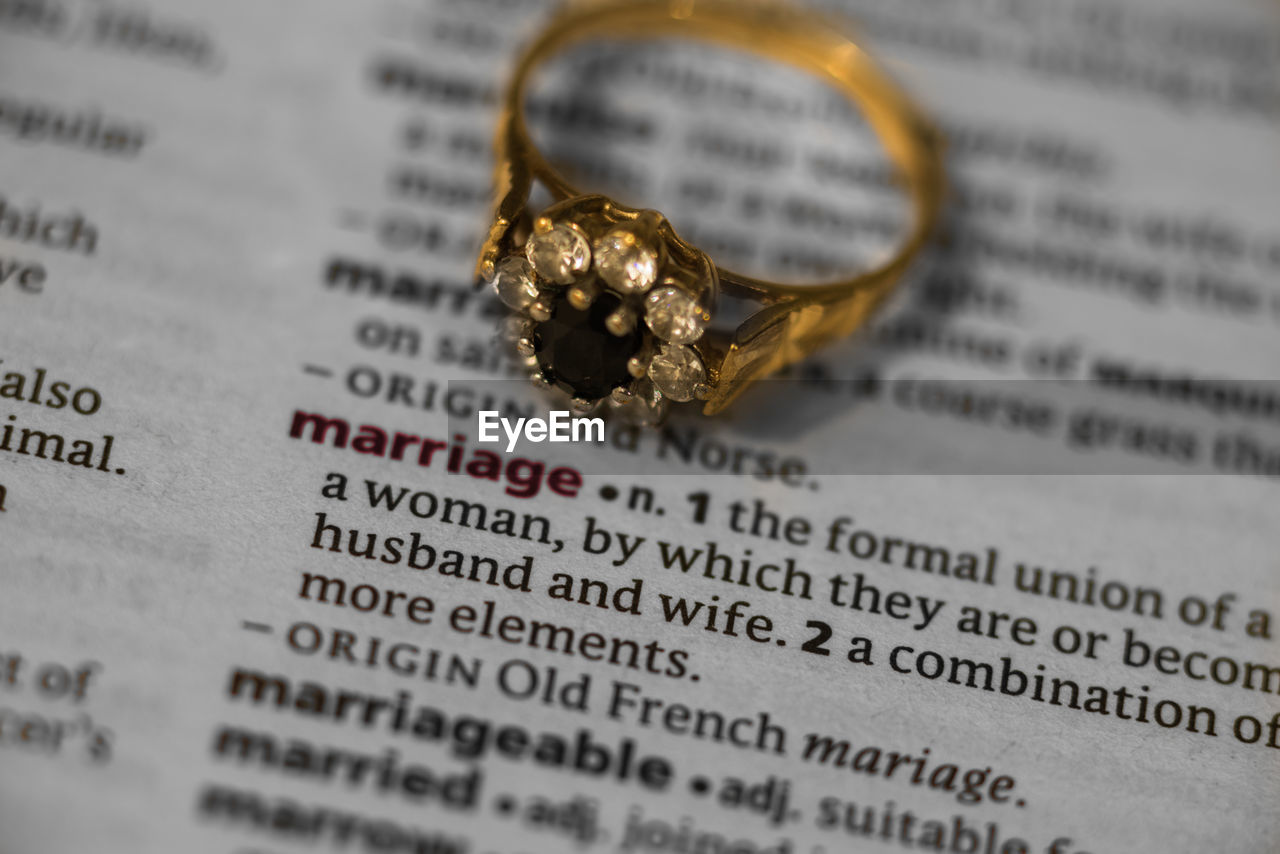 Wedding ring on dictionary page with marriage text highlighted in red