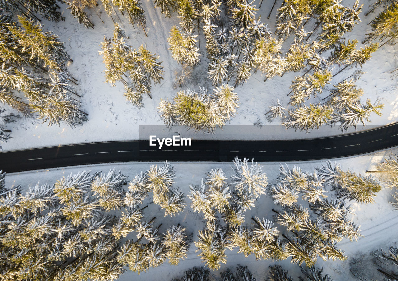 Aerial view of snowy curvy road through forest in germany, europe