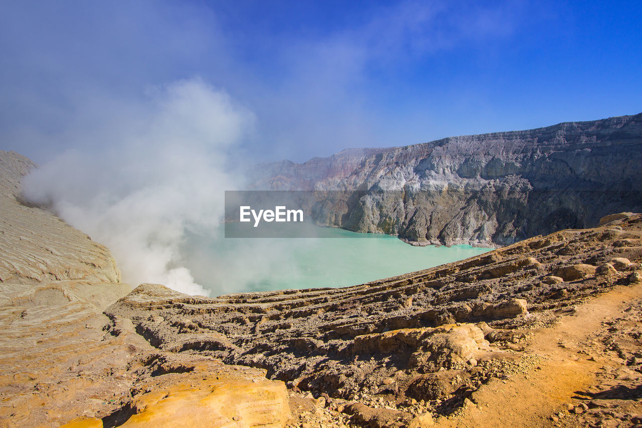 Panoramic view of mountain range against blue sky