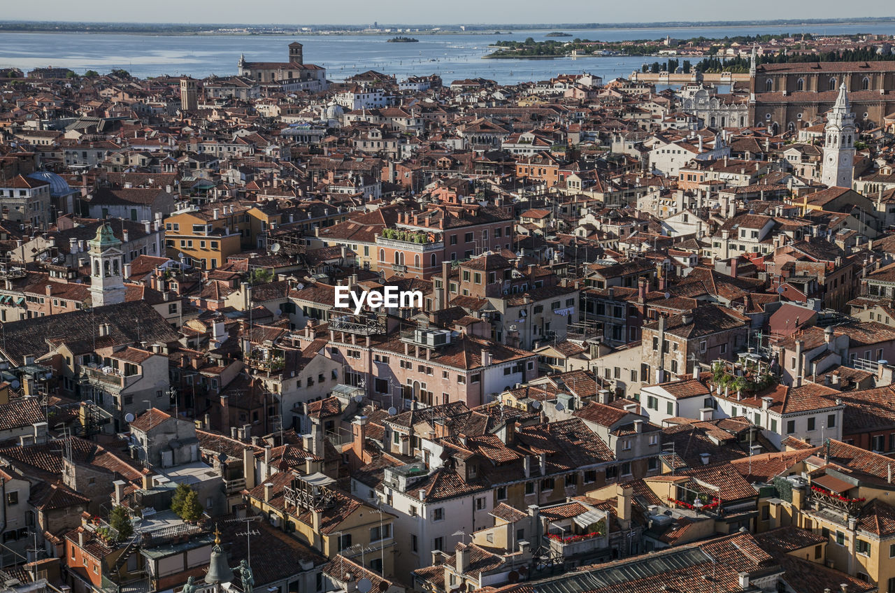 High angle view of buildings in city