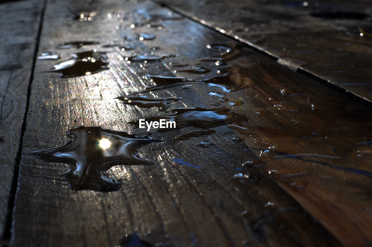 Close-up of wet wooden table