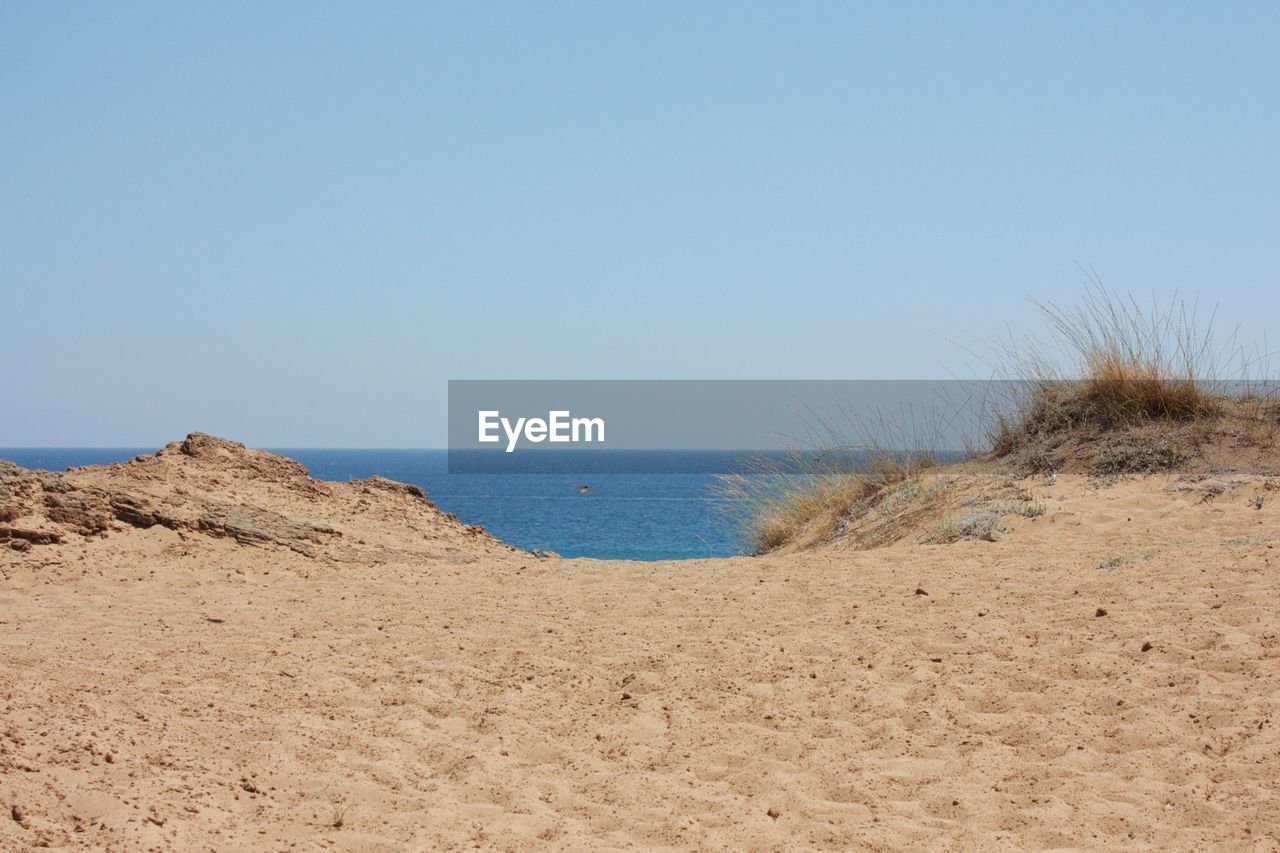 land, sky, sand, natural environment, beach, sea, scenics - nature, nature, water, clear sky, tranquility, blue, beauty in nature, tranquil scene, no people, horizon, dune, day, horizon over water, copy space, sand dune, landscape, sunny, environment, non-urban scene, desert, shore, outdoors, coast, wadi, soil, travel destinations, plant, sunlight, travel, geology, tourism