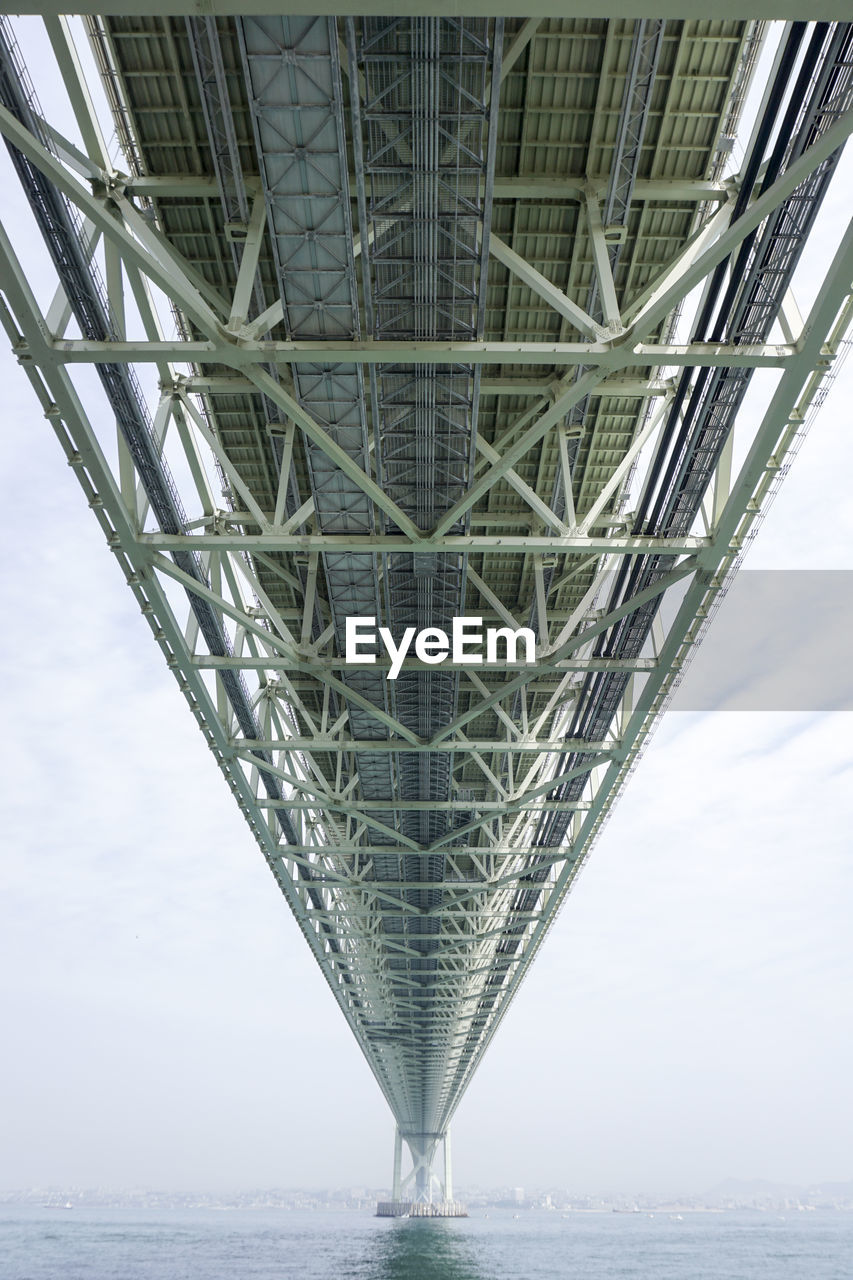 Low angle view of akashi kaikyo bridge over sea against sky