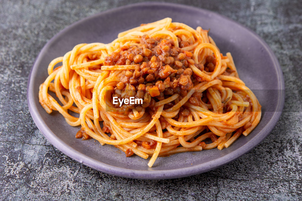 Vegan pasta with lentil sauce. healthy and balanced dish, ideal for lunch and dinner.