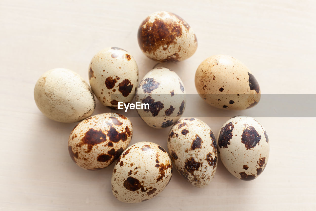 Quail eggs arranged on white wooden background