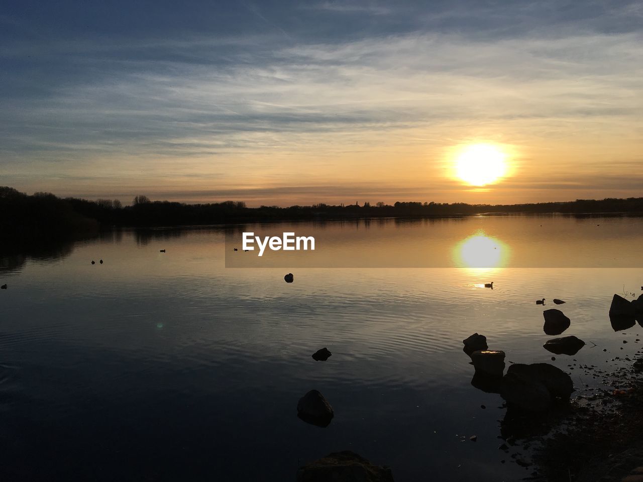 DUCKS SWIMMING ON LAKE AGAINST SKY DURING SUNSET