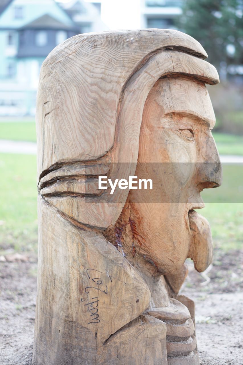 Close-up of wooden statue in park