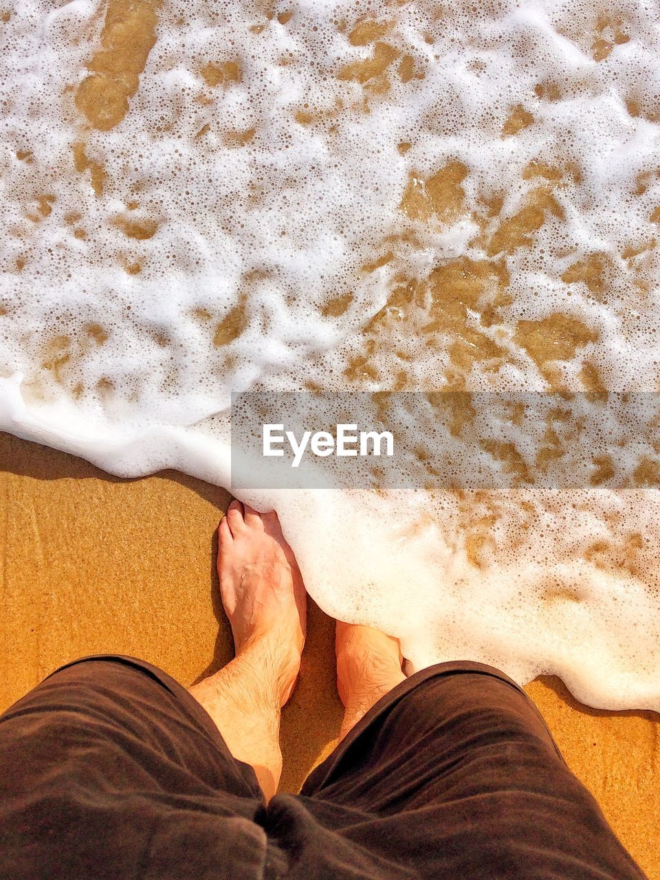 Low section of man standing at beach