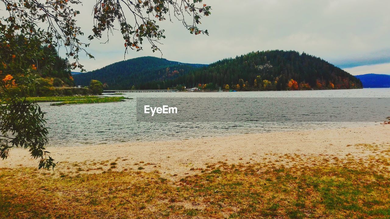 SCENIC VIEW OF LAKE BY MOUNTAIN AGAINST SKY