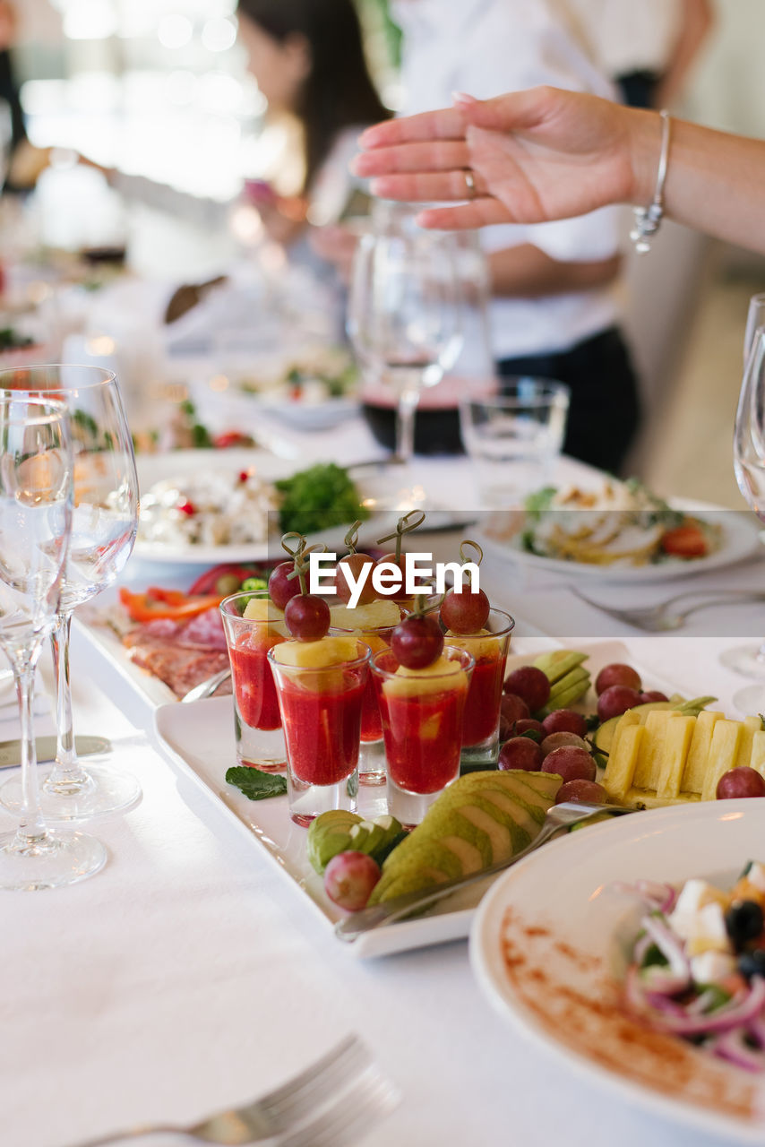 Various snacks on banquet table