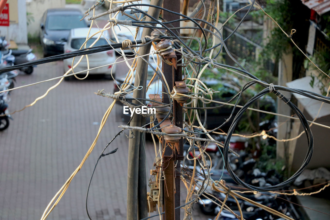 Close-up of messy electrical wires