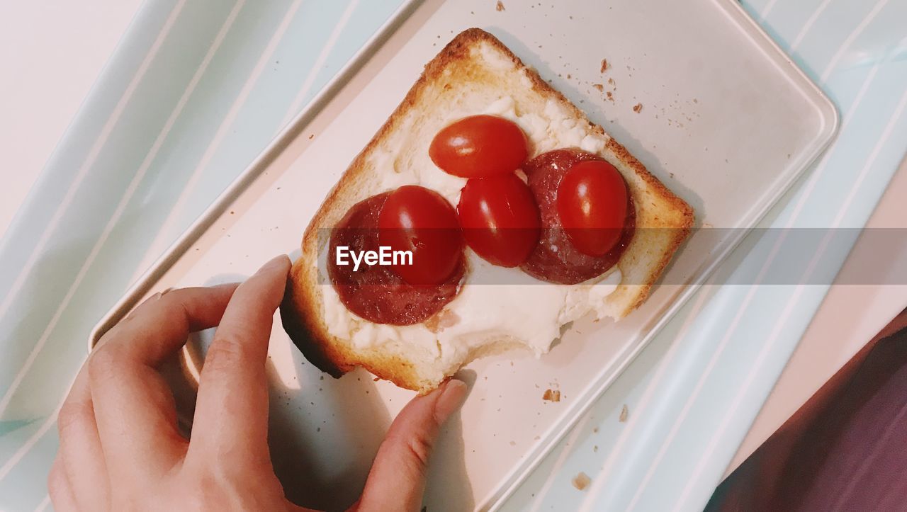 Close-up of hand holding tomato toast in plate