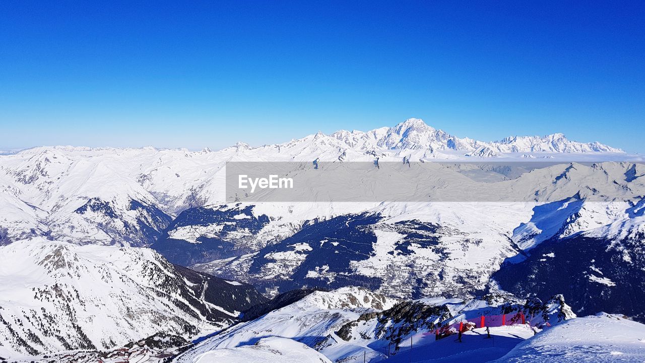 SNOW COVERED MOUNTAINS AGAINST CLEAR BLUE SKY