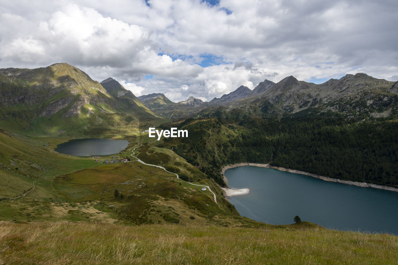 Scenic view of lake and mountains against sky