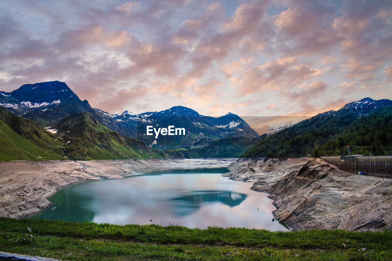 Mountain, lake, sunset, landscape