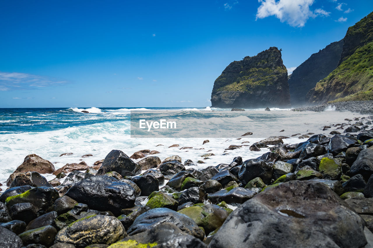 Rocky beach at rocha do navio nature reserve, madeira island, portugal