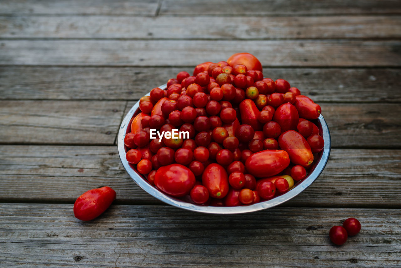 Bowl of tomatoes on wood