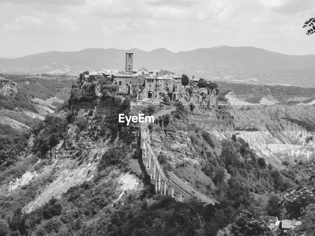 Civita di bagnoregio. ancient town or hilltop medieval village. black and white photography.