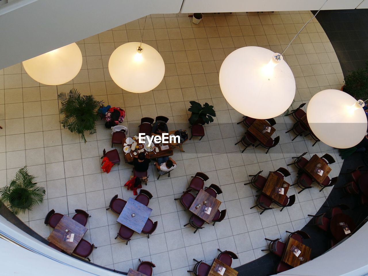 Restaurant tables in building lobby