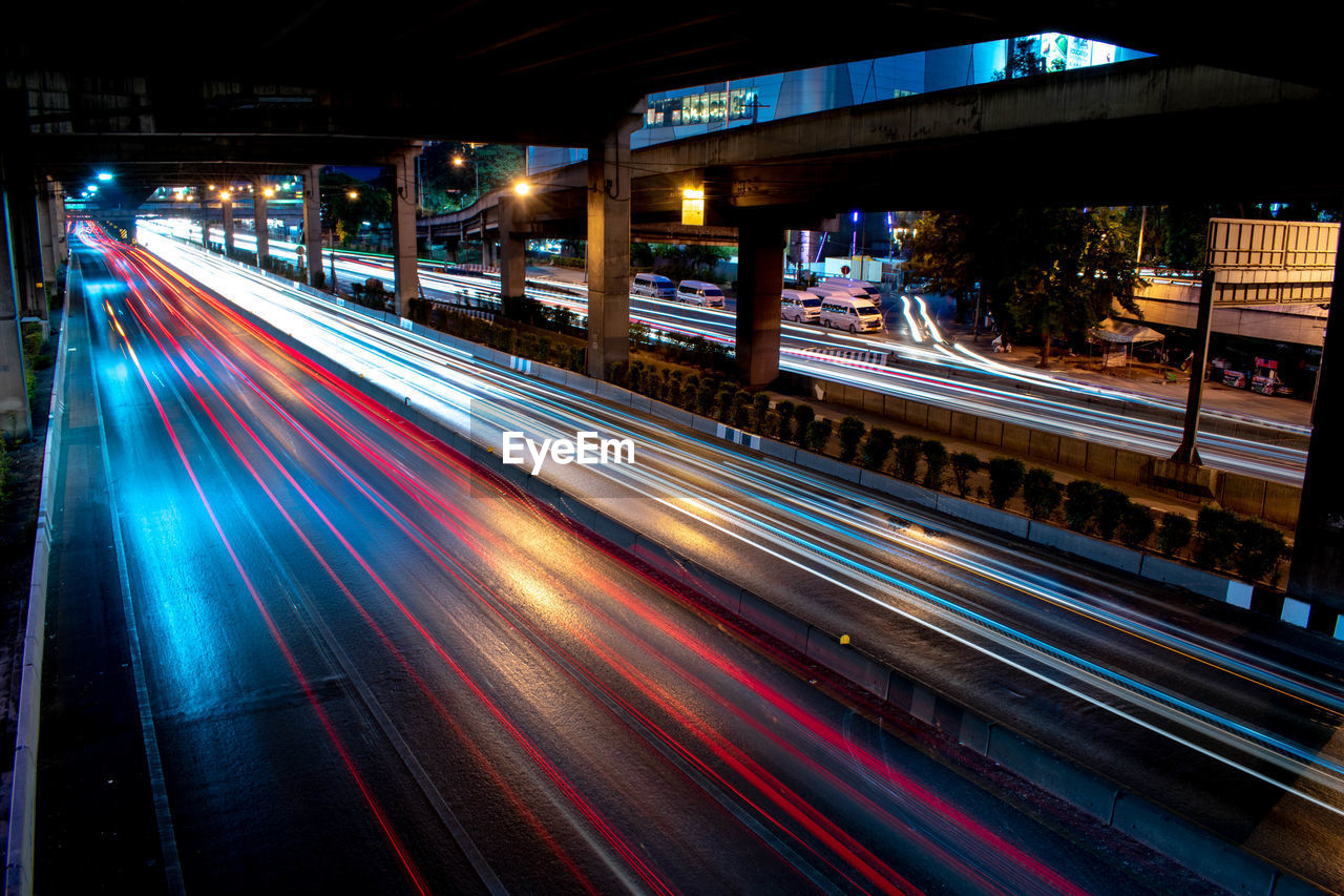 Light trails on road at night