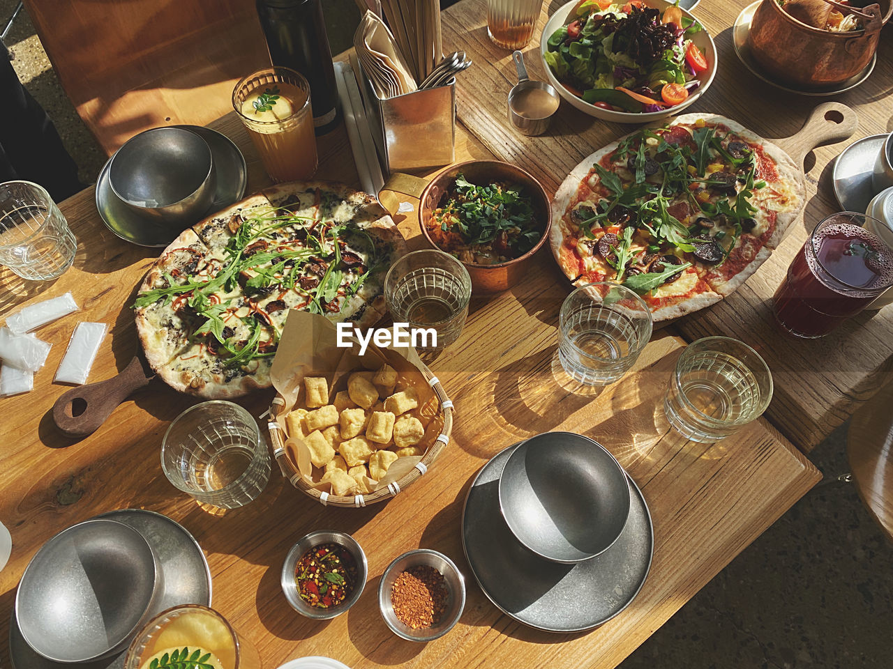 high angle view of food on wooden table
