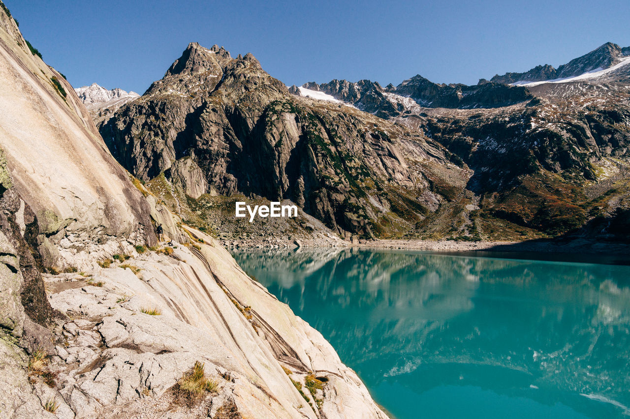 Panoramic view of lake and mountains against clear sky