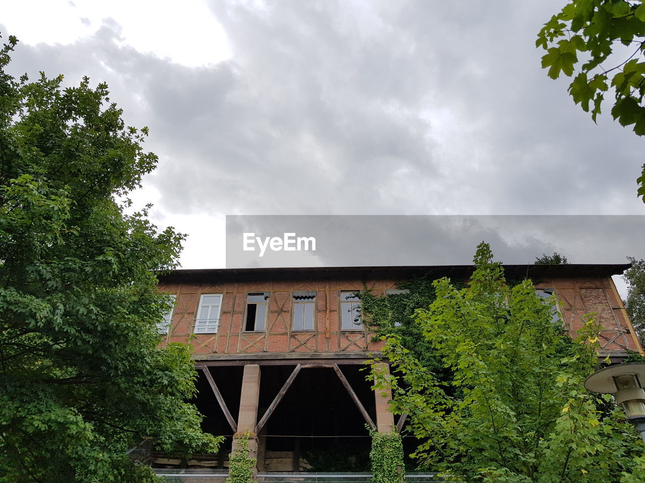 LOW ANGLE VIEW OF ABANDONED BUILDING AGAINST TREES