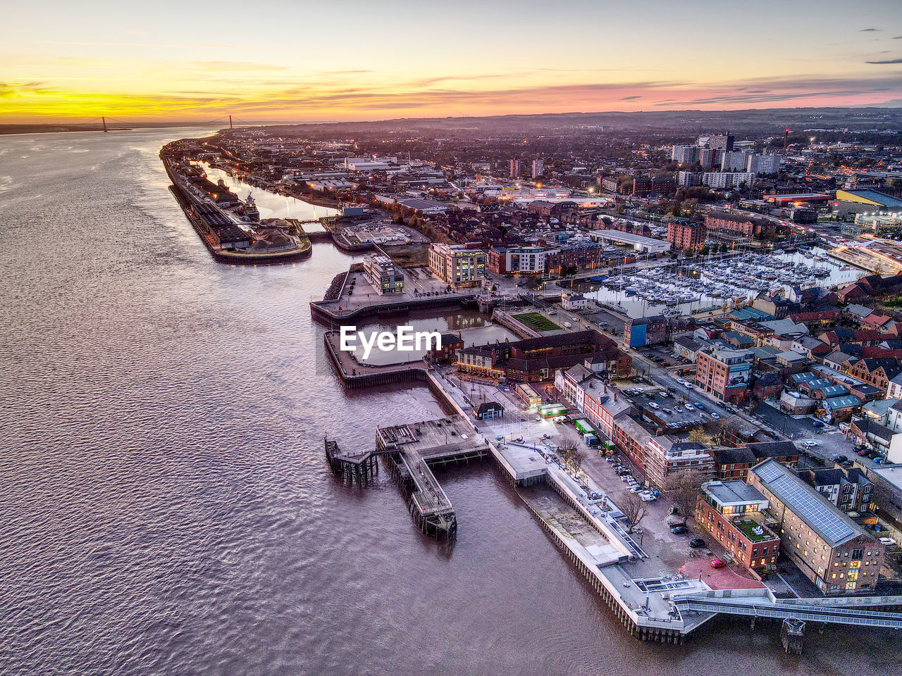 Drone view of hull, uk at sunset