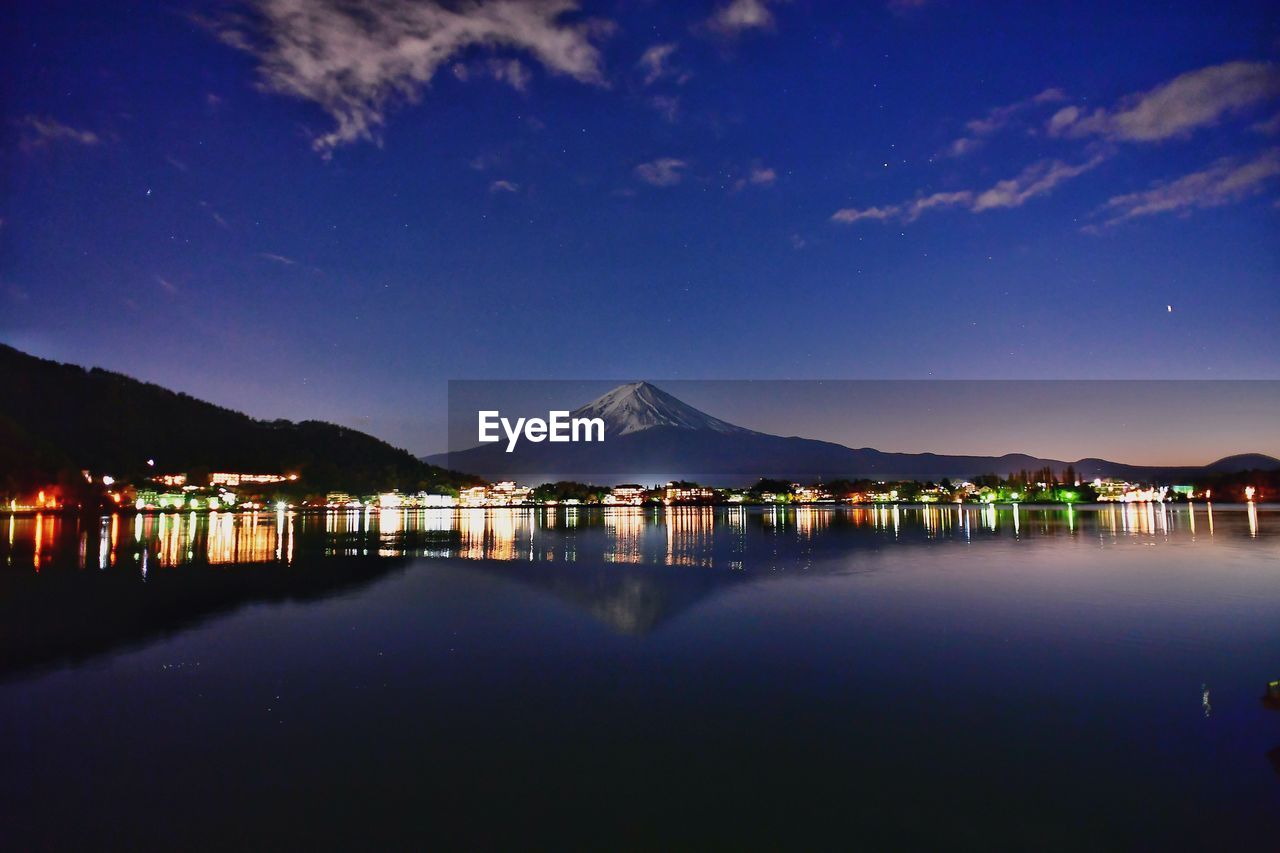 Scenic view of lake against sky at dusk