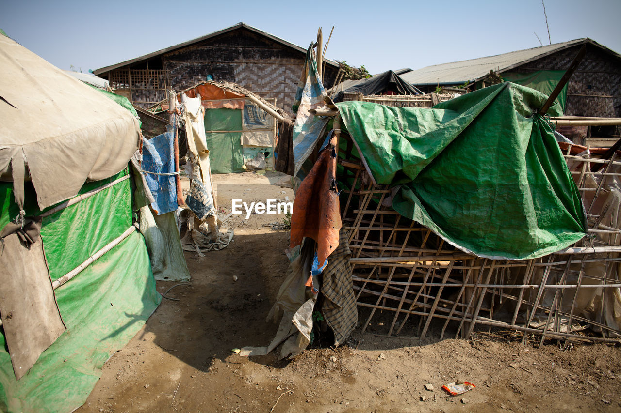 Huts against clear sky