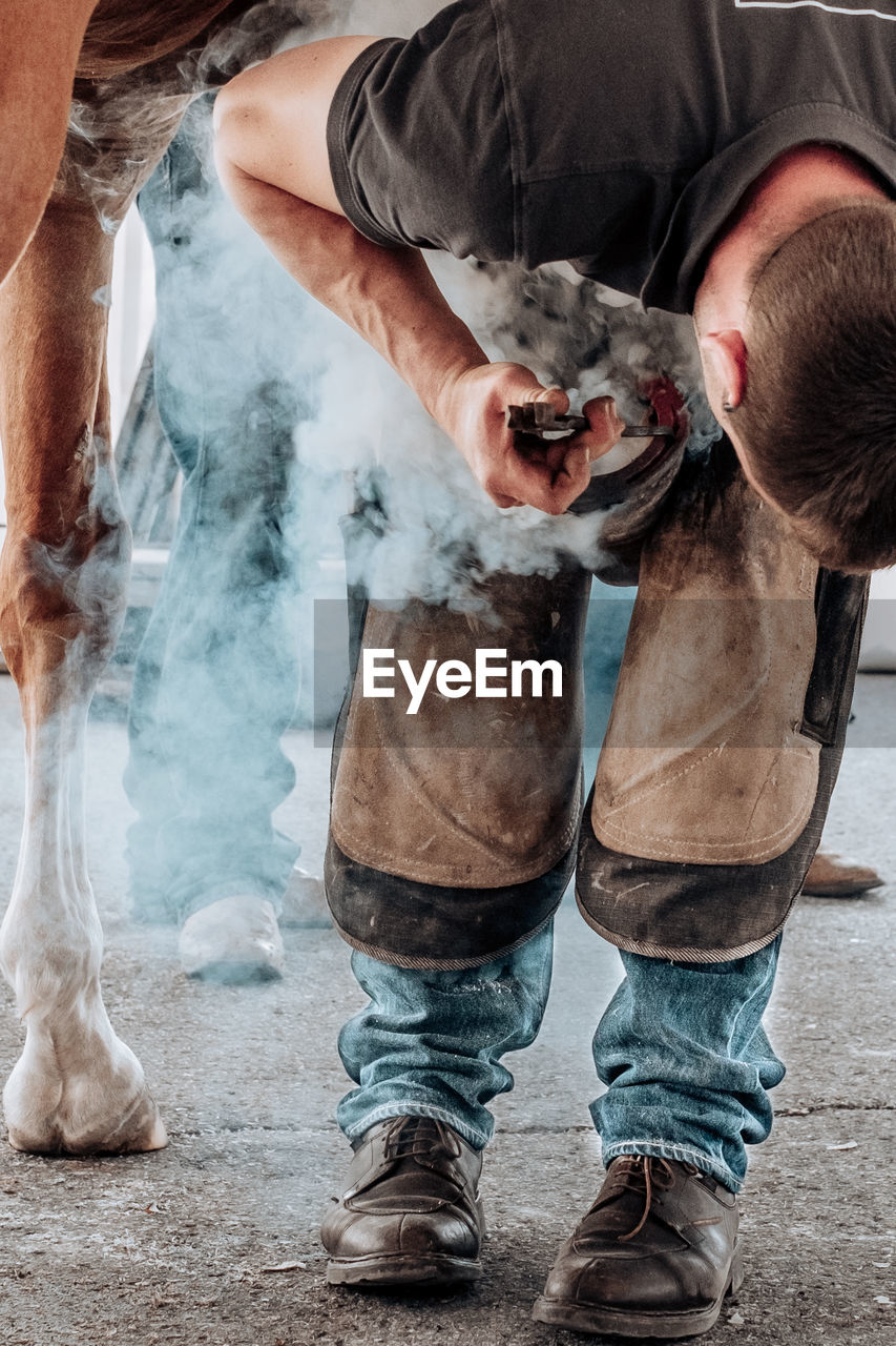 Farrier hot fitting a shoe on a horse.