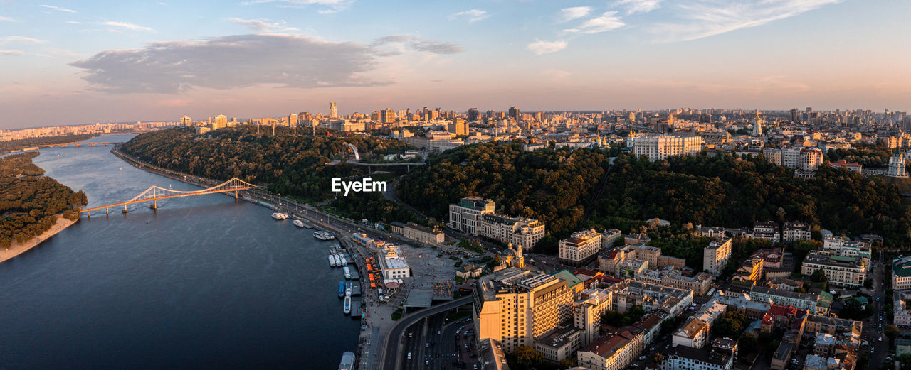 Beautiful sunset over kyiv city from above.