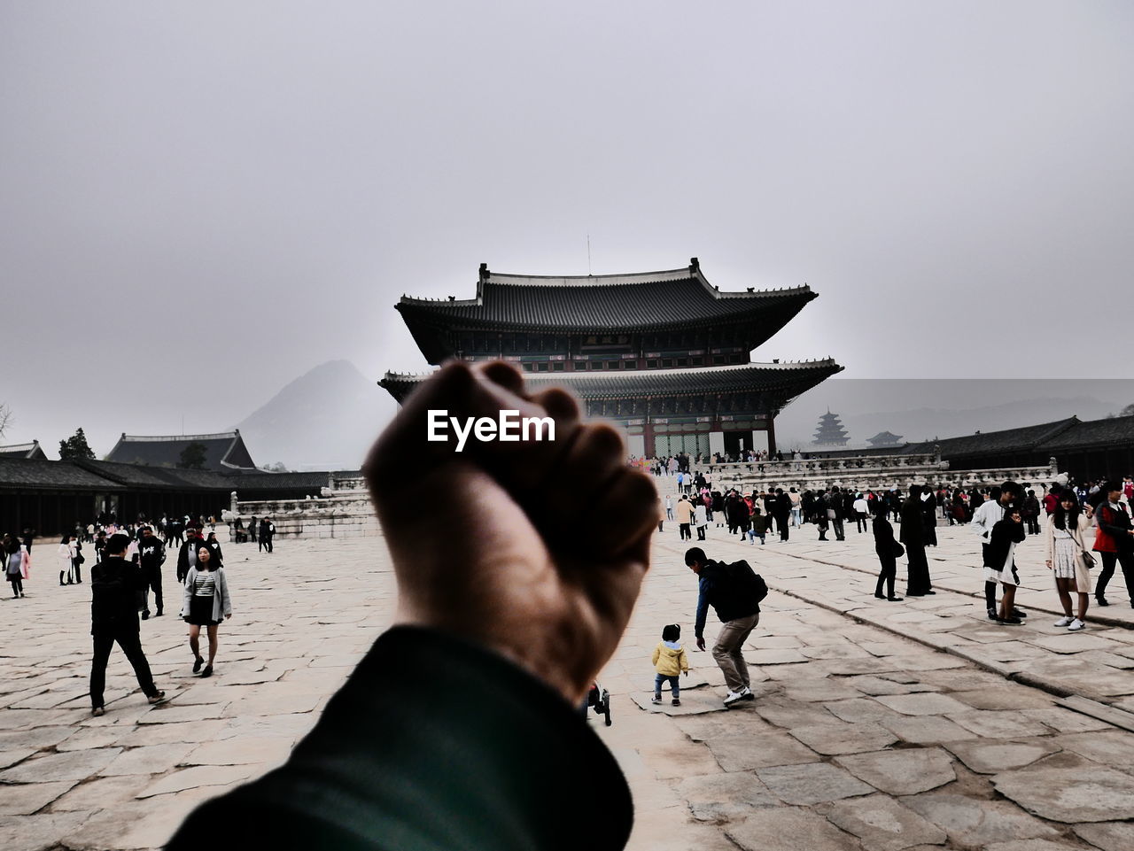 Cropped image of man fist by gyeongbokgung against clear sky