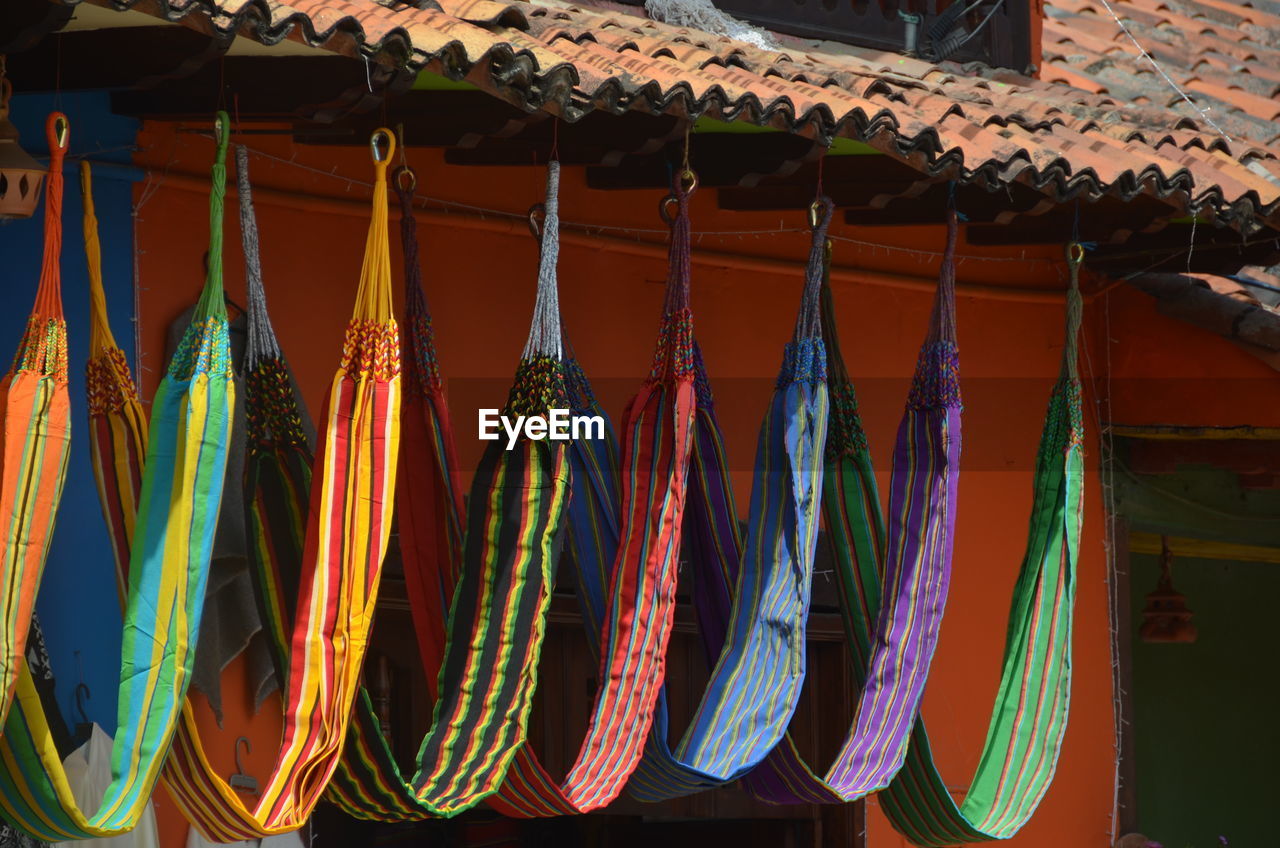 Multi colored hammocks hanging