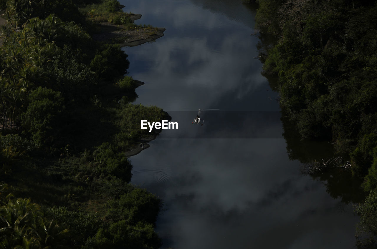 scenic view of lake in forest against sky